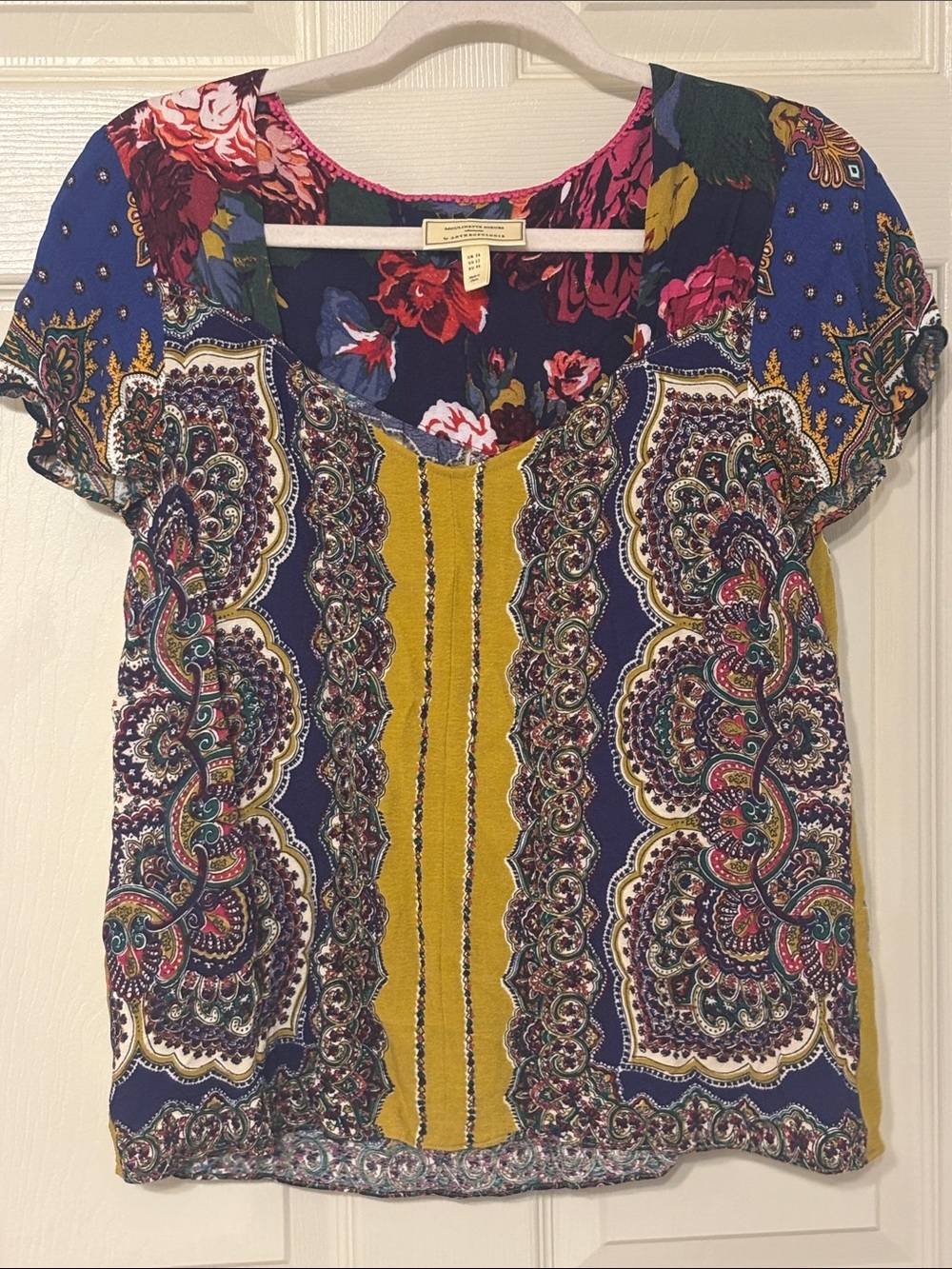 Anthropologie Moulinette Soeurs Navy and Mustard Floral Paisley Short Sleeve Top